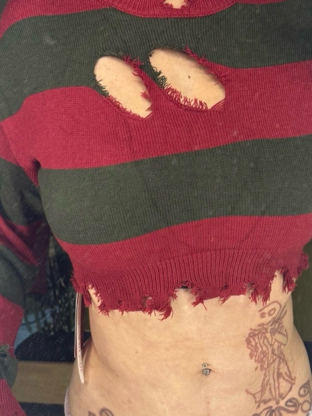 Freddy Kruger Striped Red & Green Distressed Cropped Sweater Top